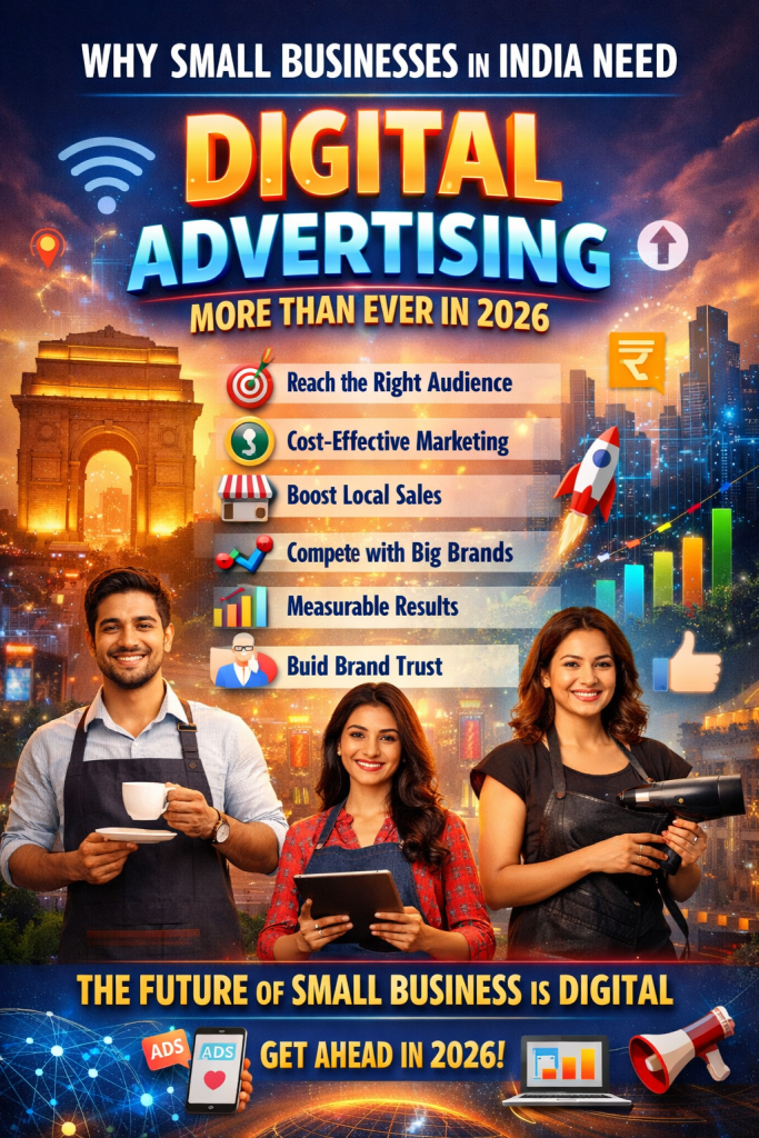 Infographic showing why small businesses in India need digital advertising in 2026, highlighting benefits like targeted reach, cost-effective marketing, and measurable results